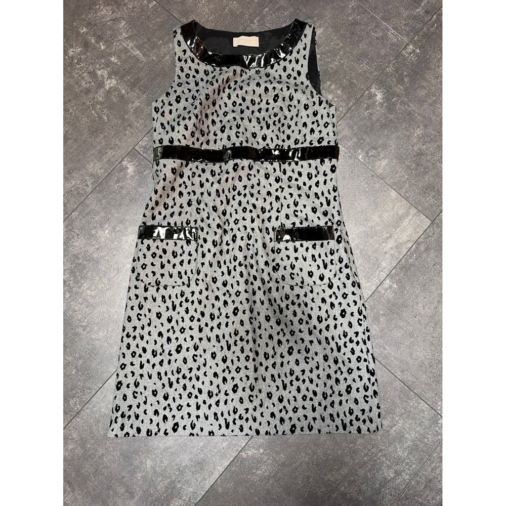Gray Leopard Print Wool Shift Dress Patent Trim Sleeveless Parisian‎ Chic 40 FR